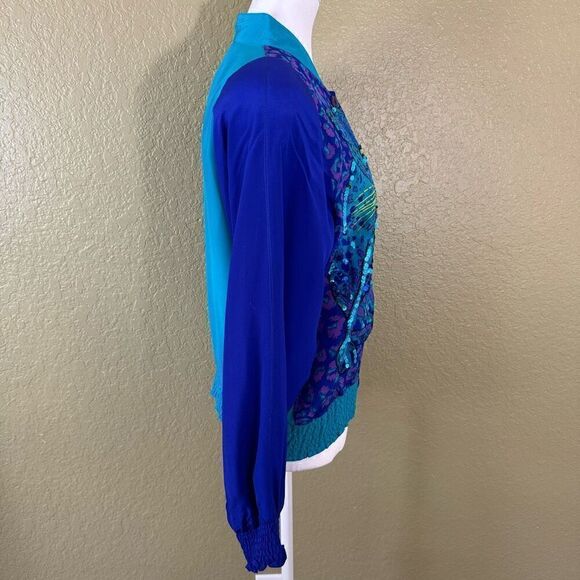 Diane Gilman Women's S Maximalist Silk Bomber Jacket Leopard Vibrant Blue Sequin - Picture 4 of 6